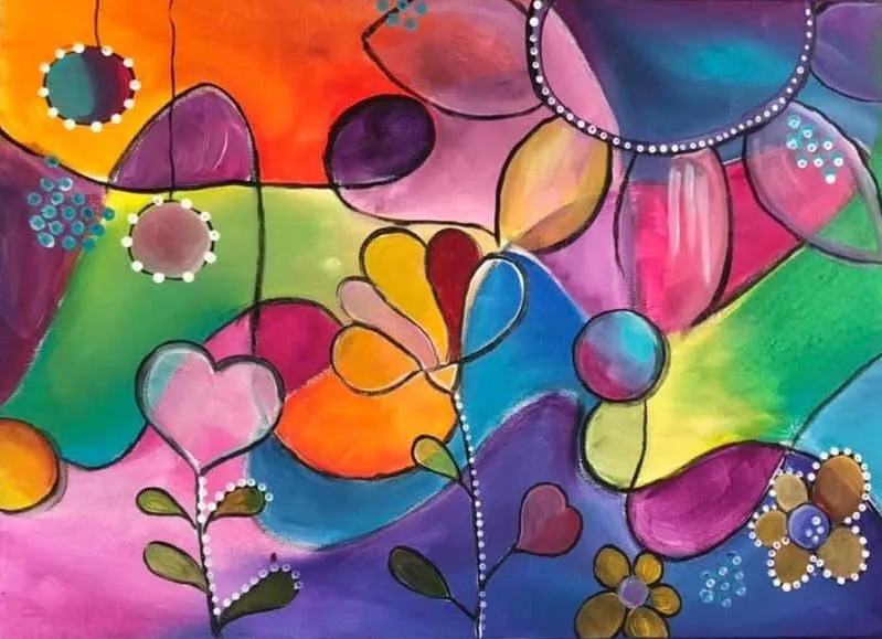 Farbenfrohes abstraktes Acrylbild mit stilisierten Blumen in Pink, Orange und Türkis