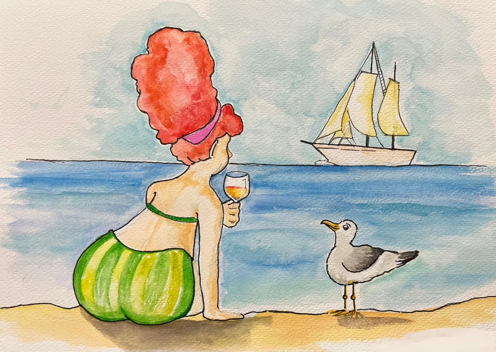 Aquarell einer Frau am Strand mit Möwe und Segelschiff