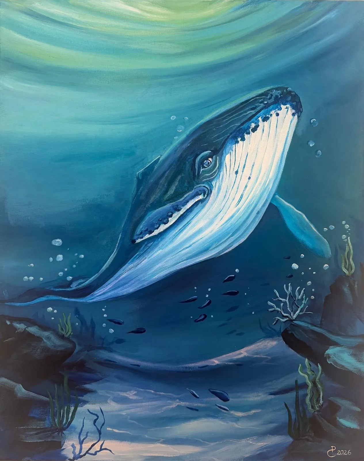 Acrylbild eines Buckelwals in tiefblauem Wasser