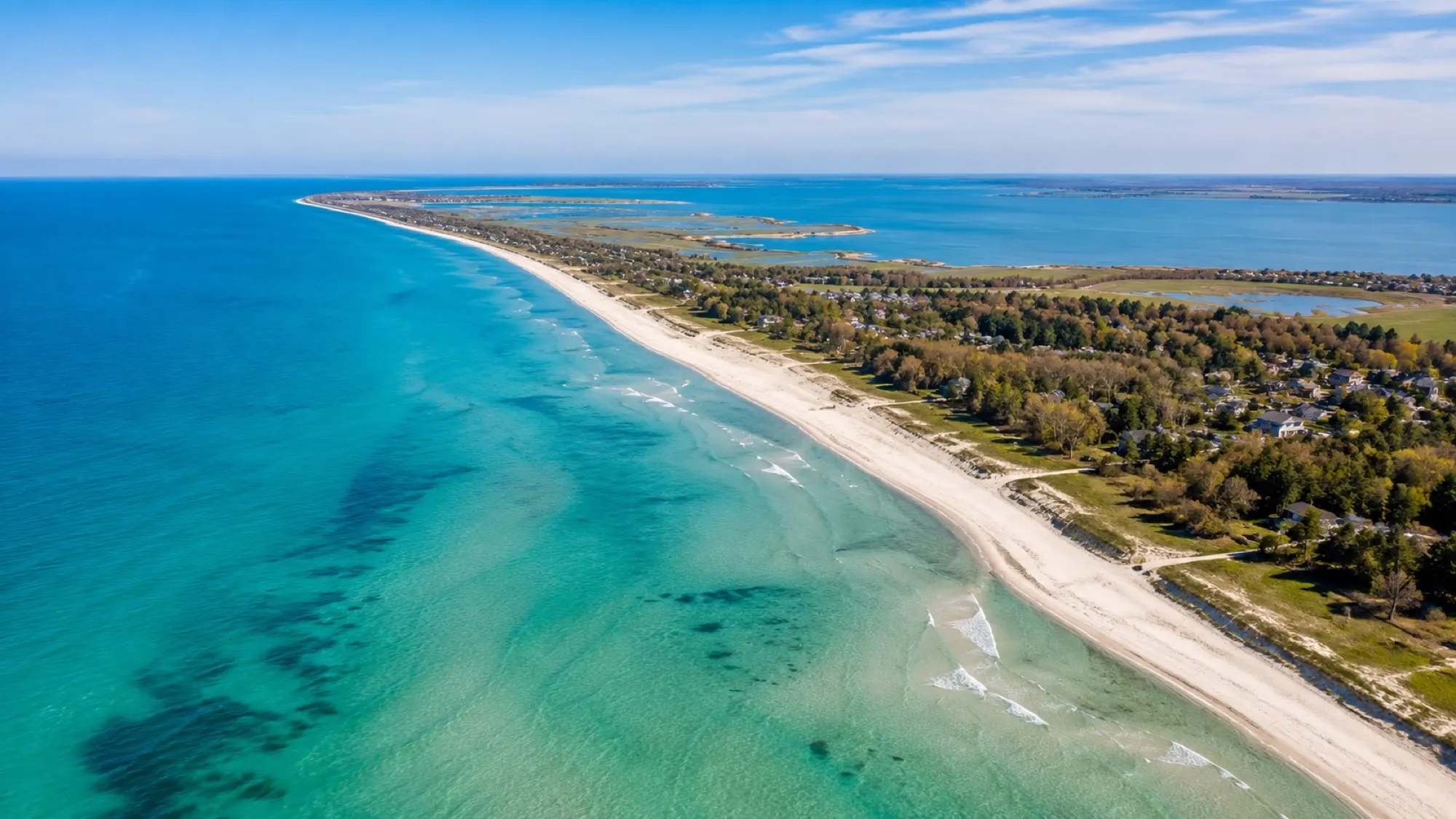 Luftaufnahme der Küste von Fischland-Darß-Zingst mit türkisem Wasser und weißem Strand