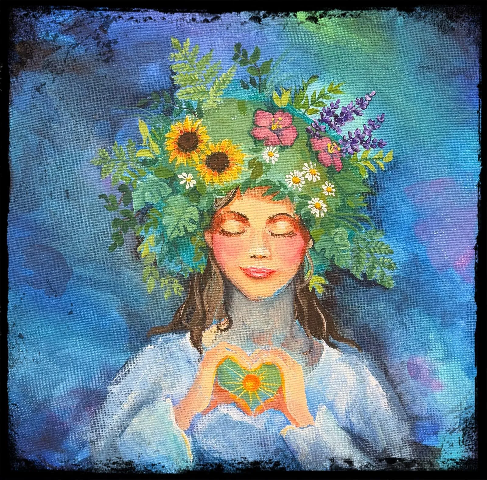 Acrylbild einer Frau mit geschlossenen Augen und Blumenkranz, Hände zum Herz geformt