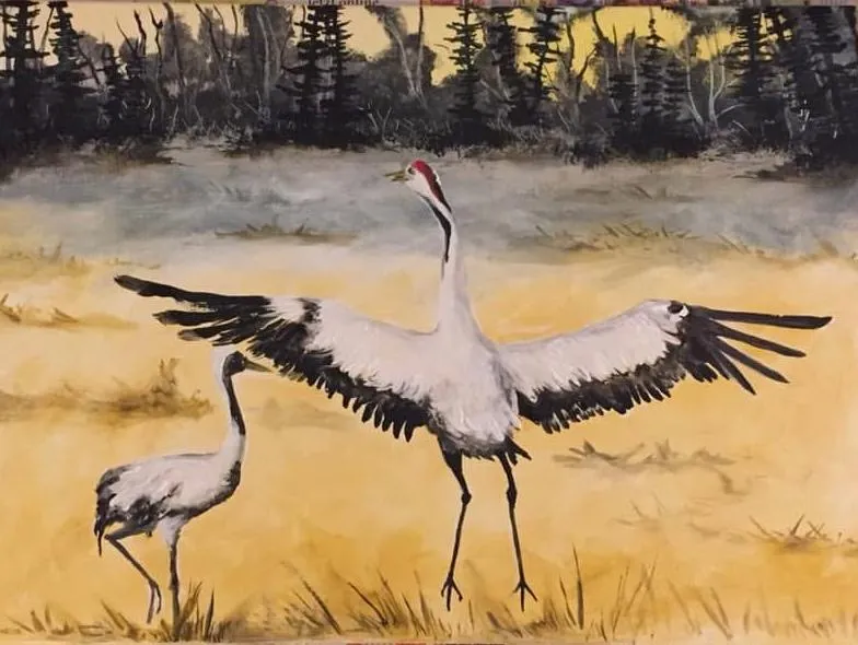Acrylbild zweier Kraniche mit ausgebreiteten Flügeln auf einer herbstlichen Wiese