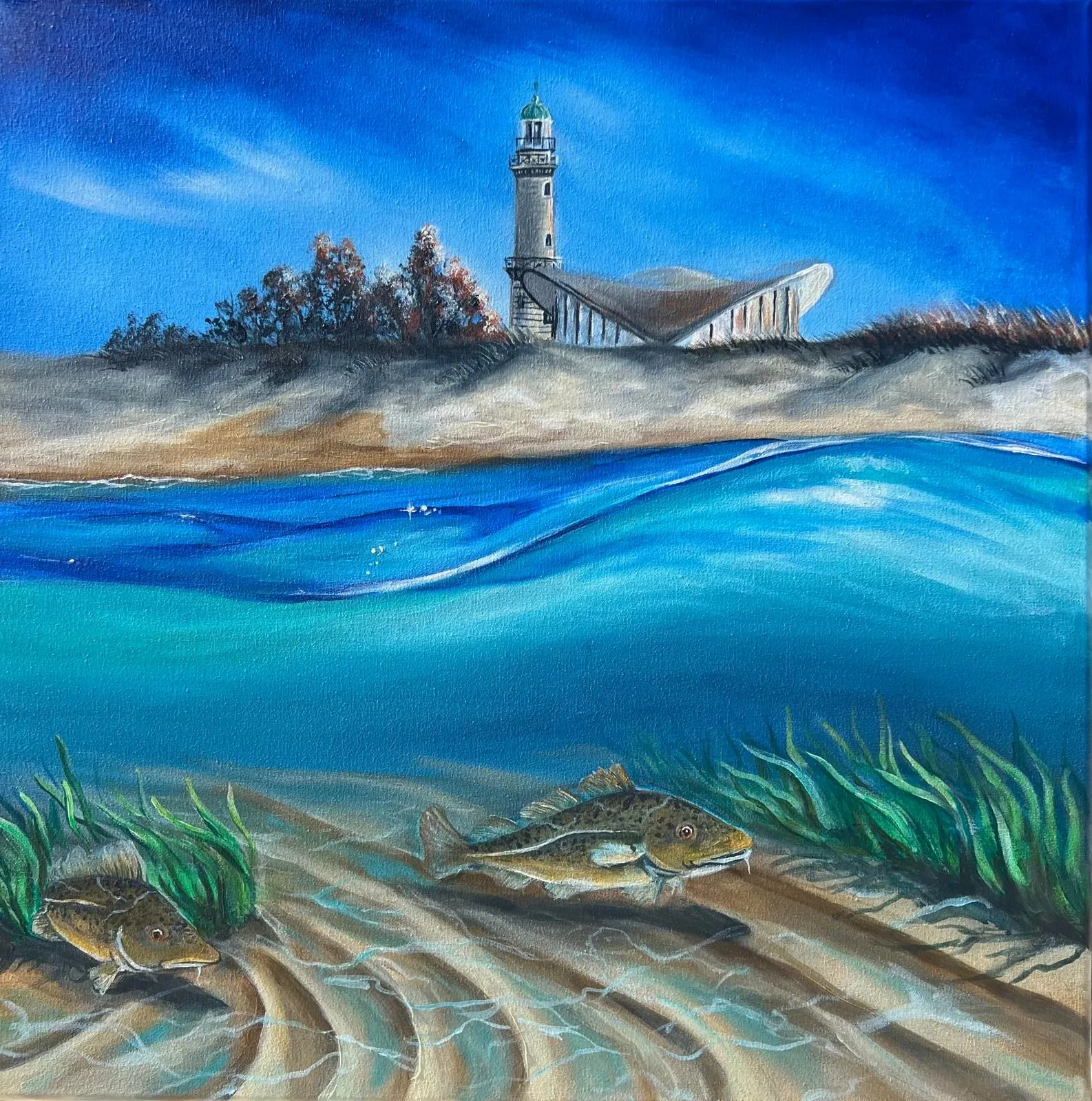 Acrylbild von Warnemünde mit Leuchtturm, Teepott und Dorschen unter Wasser